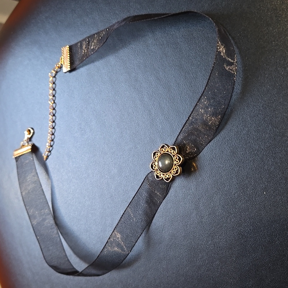 "Evening Star" Handmade Black Choker Necklace with Gold And Green Accents